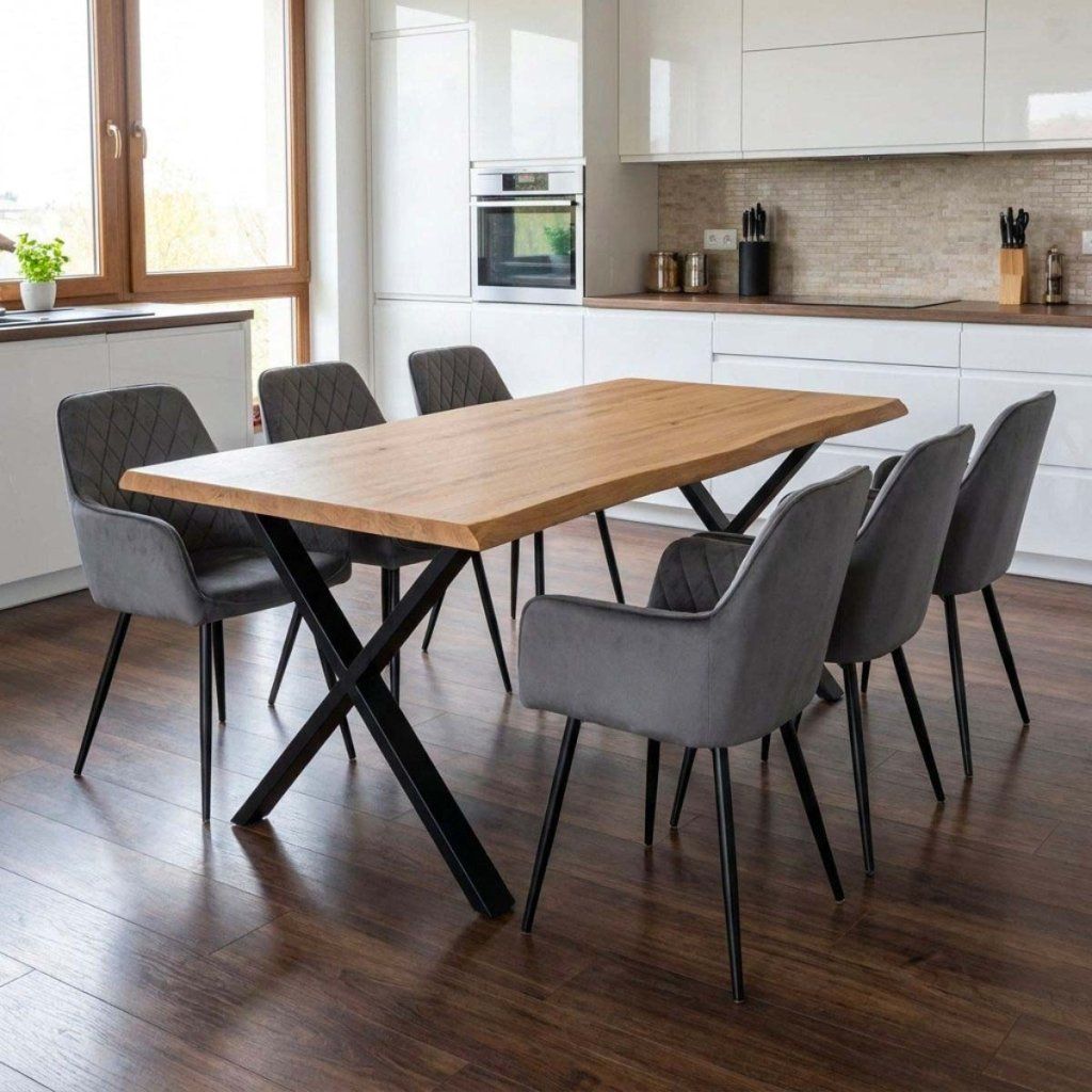Jídelní set pro 6 osob 180x90 cm soft dub noha X šedá židle s područkami VJS228-6S