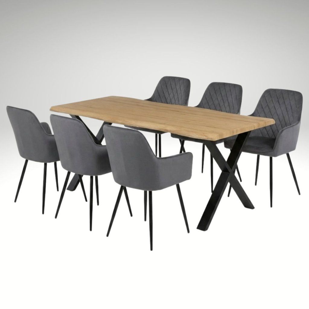 Jídelní set pro 6 osob 180x90 cm soft dub noha X šedá židle s područkami VJS228-6S