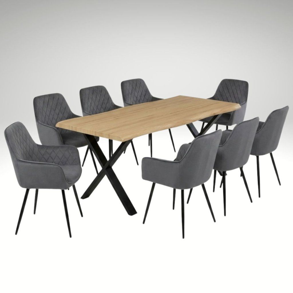 Jídelní set pro 8 osob 180x90 cm soft dub noha X šedá židle s područkami VJS228-8S