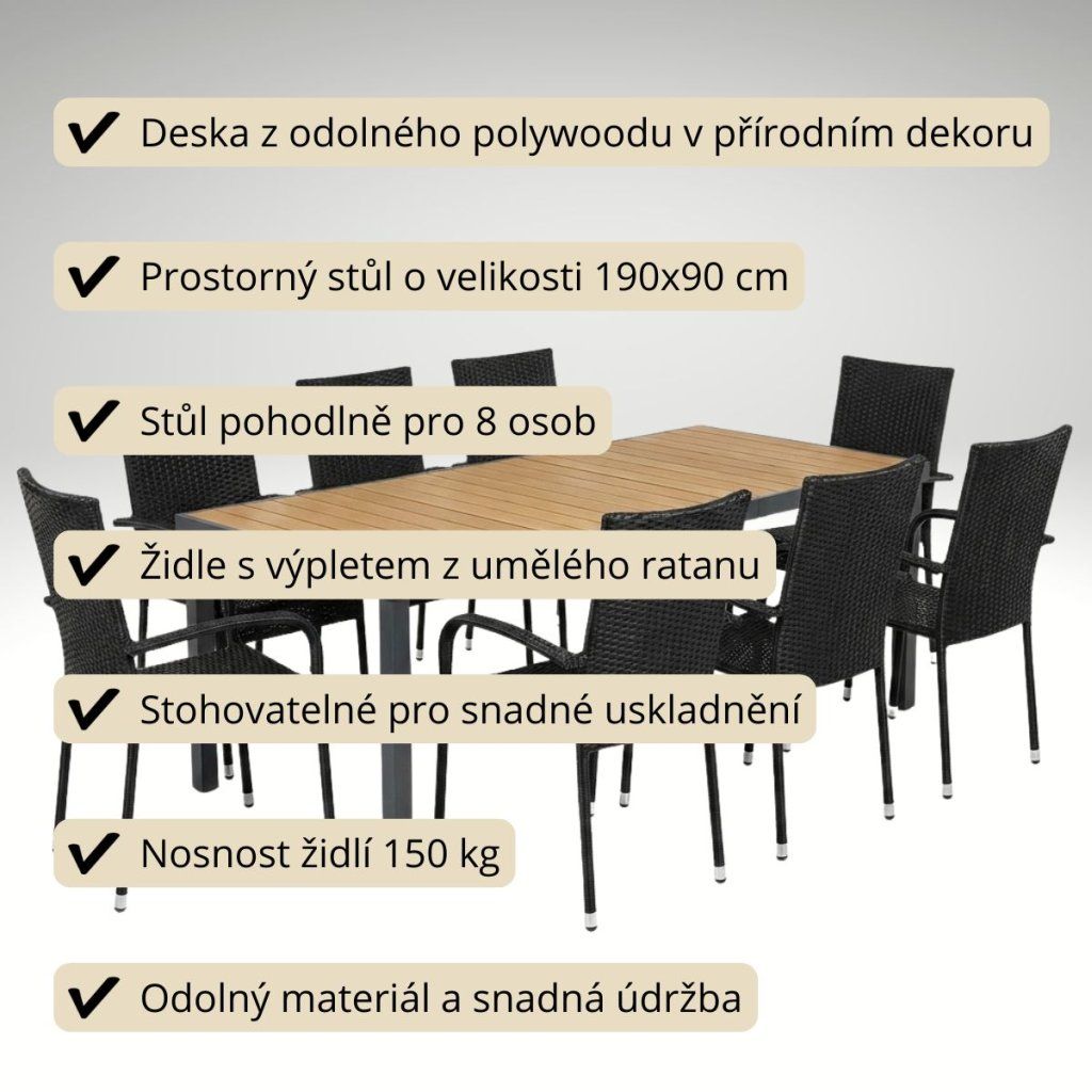 Zahradní set 190x90 pro 8 osob přírodní DT278-190P