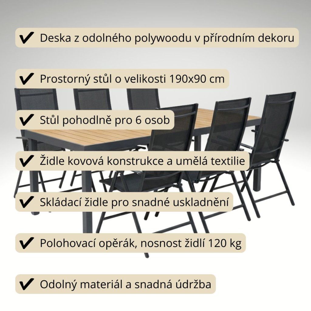 Zahradní set 190x90 pro 6 osob přírodní V137-190P