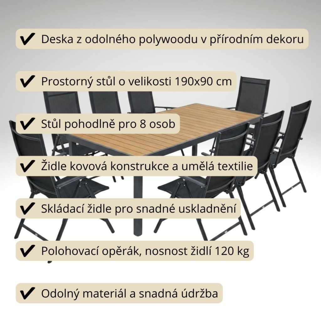 Zahradní set 190x90 pro 8 osob přírodní V138-190P