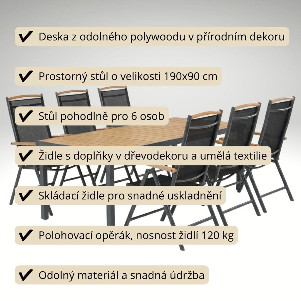 Zahradní jídelní set 190x90 pro 6 osob přírodní AZS157-6P