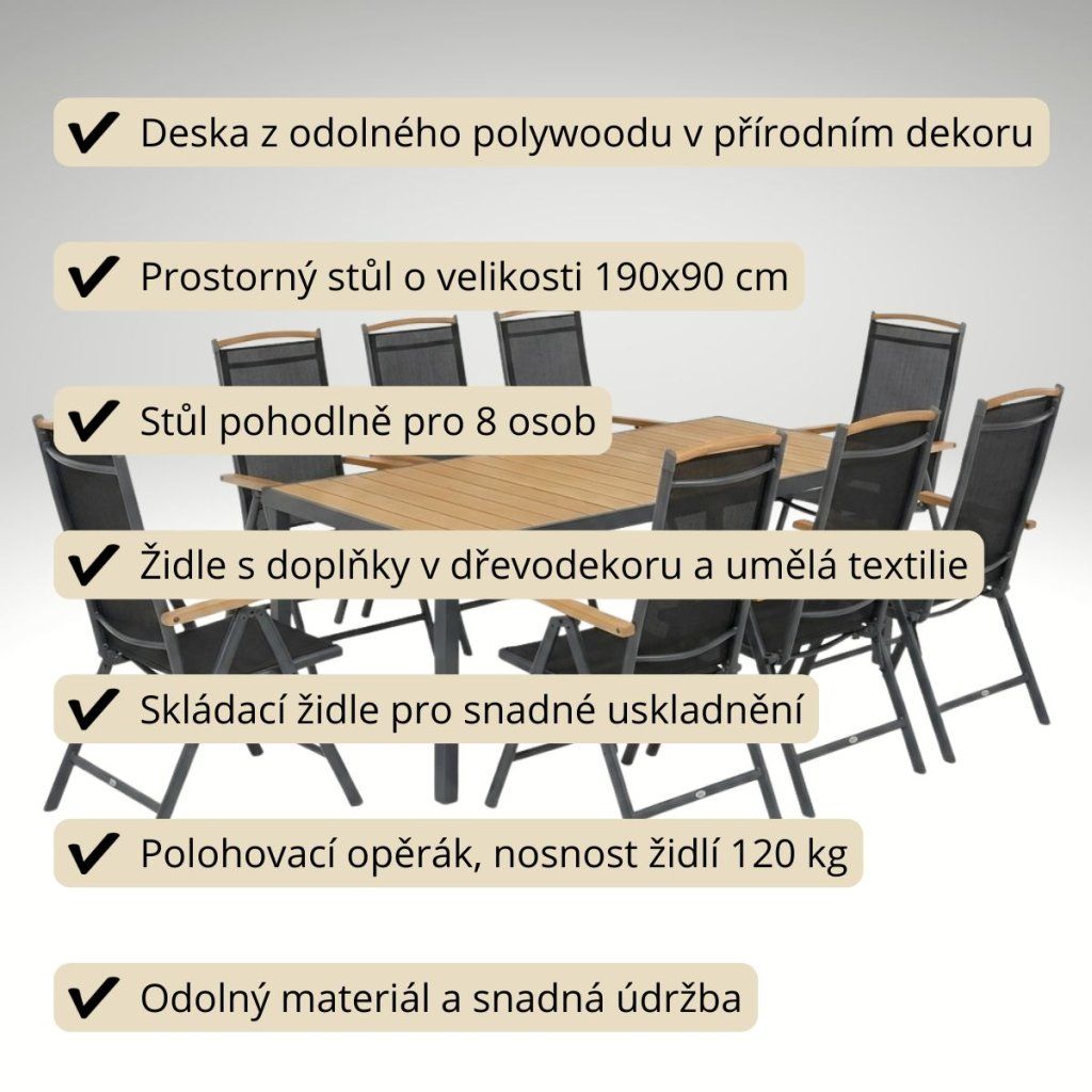 Zahradní jídelní set 190x90 pro 8 osob přírodní AZS157-8P