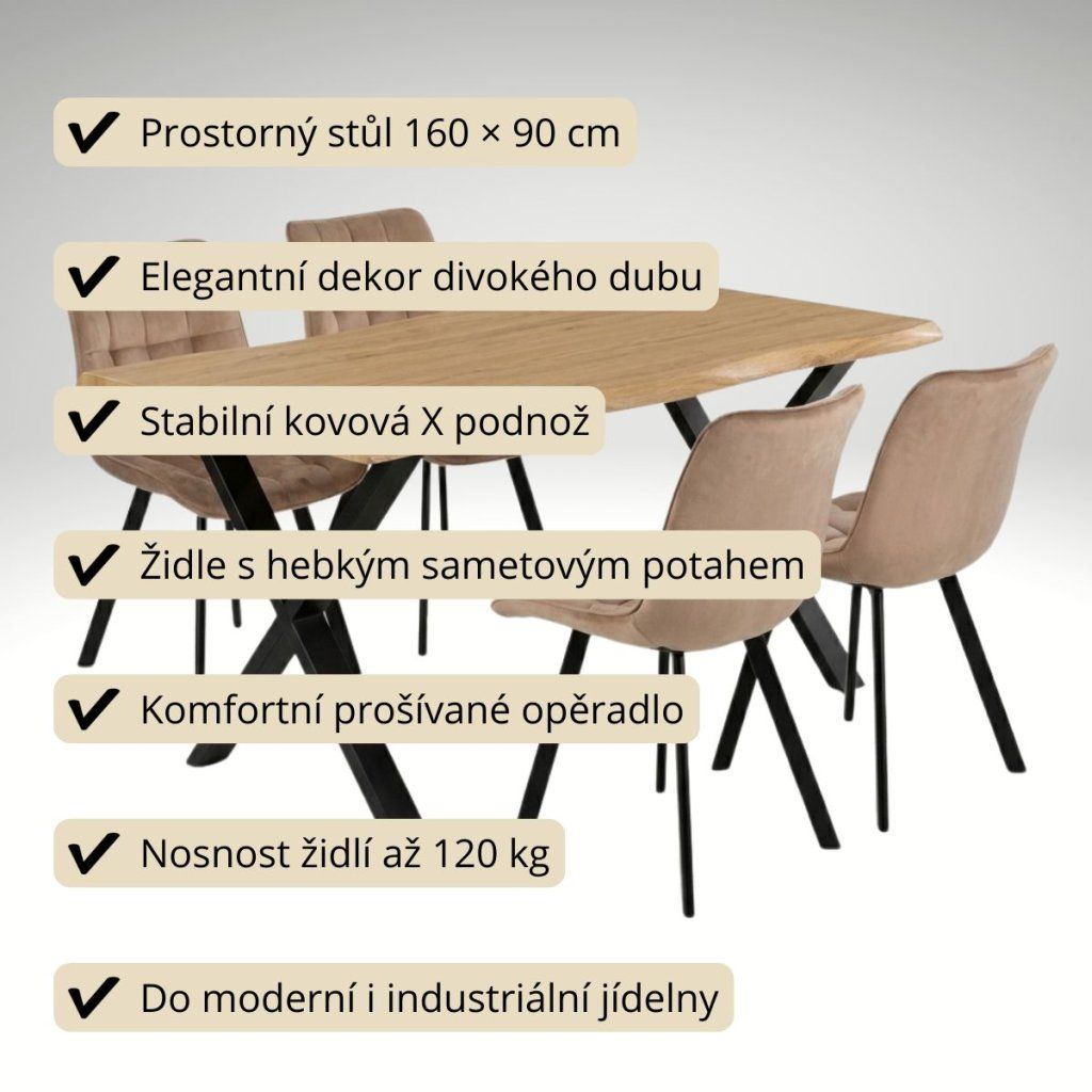 Jídelní set pro 4 osoby 160x90 cm dub noha X béžová židle VJS236-4BE-S