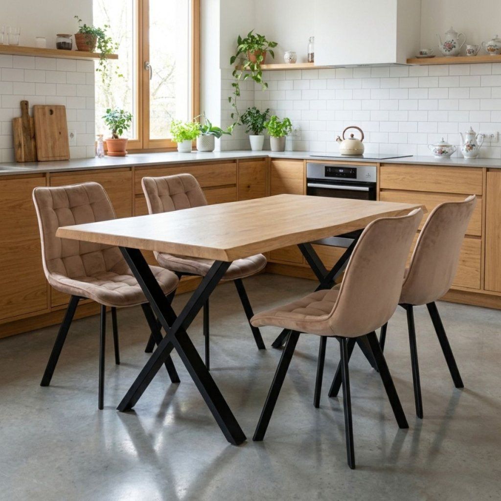 Jídelní set pro 4 osoby 160x90 cm dub noha X béžová židle VJS236-4BE-S