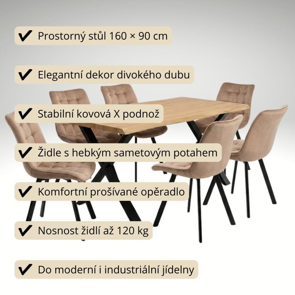 Jídelní set pro 6 osob 160x90 cm dub noha X béžová židle VJS236-6BE-S
