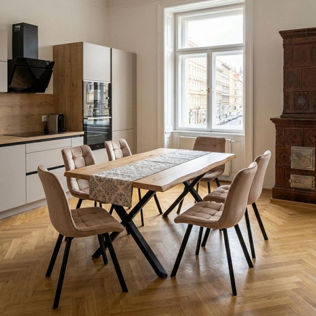 Jídelní set pro 6 osob 160x90 cm dub noha X béžová židle VJS236-6BE-S