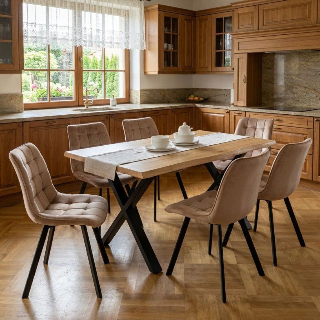 Jídelní set pro 6 osob 160x90 cm dub noha X béžová židle VJS236-6BE-S