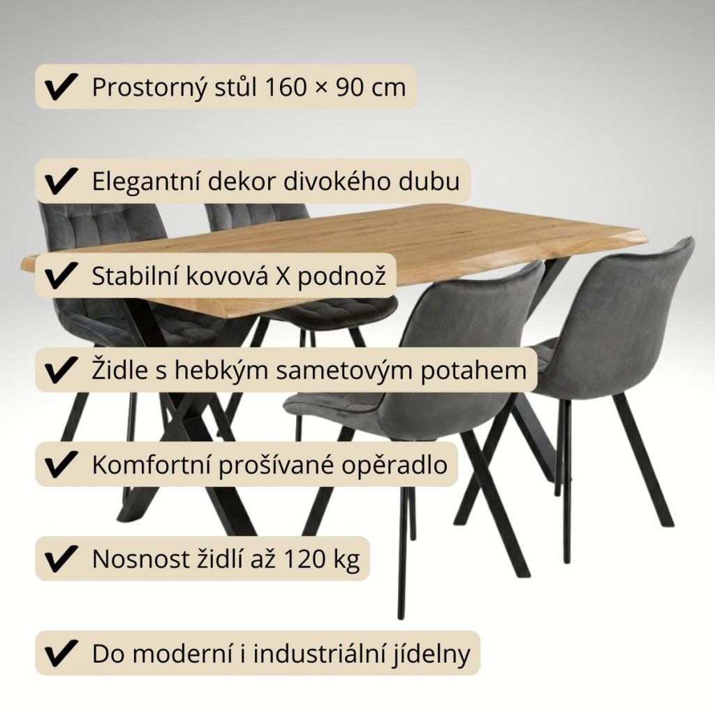 Jídelní set pro 4 osoby 160x90 cm dub noha X šedá židle VJS236-4S-S