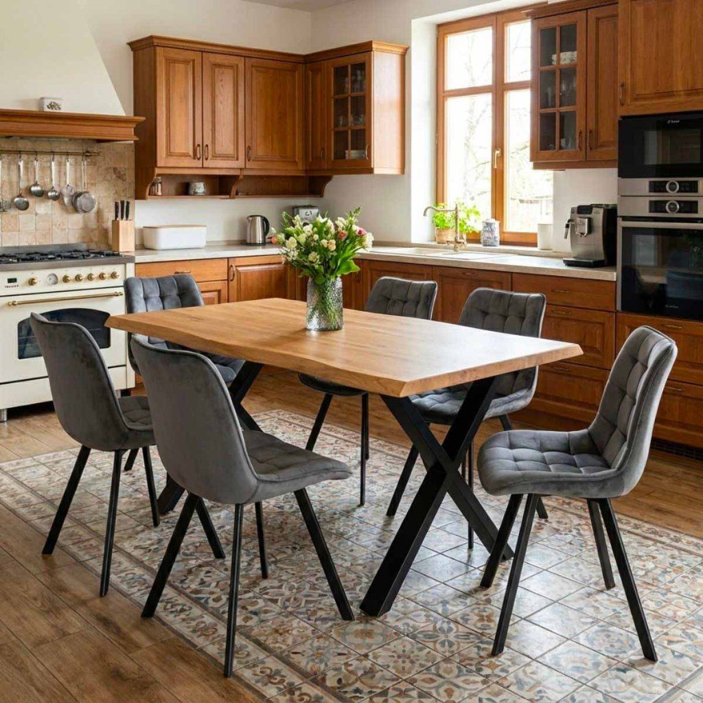 Jídelní set pro 6 osob 160x90 cm dub noha X šedá židle VJS236-6S-S
