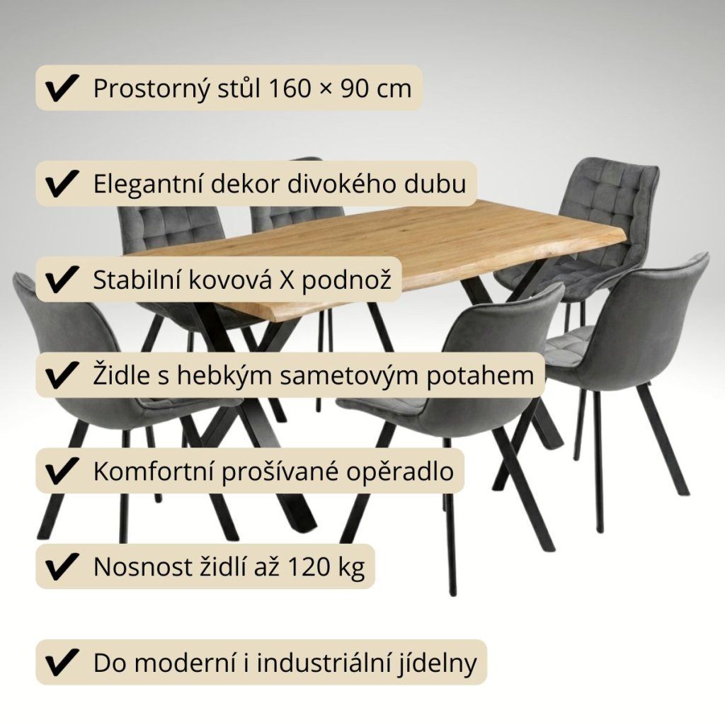 Jídelní set pro 6 osob 160x90 cm dub noha X šedá židle VJS236-6S-S