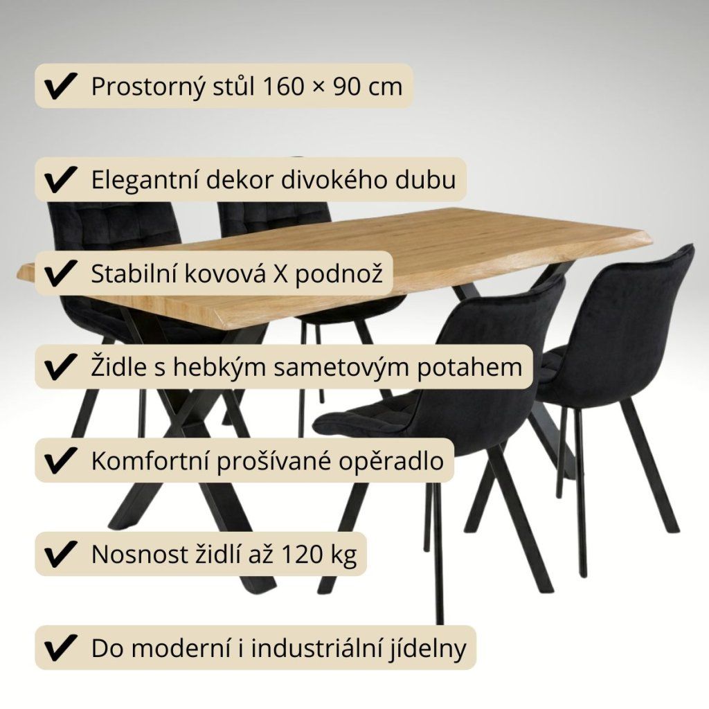 Jídelní set pro 4 osoby 160x90 cm dub noha X černá židle VJS236-4C-S