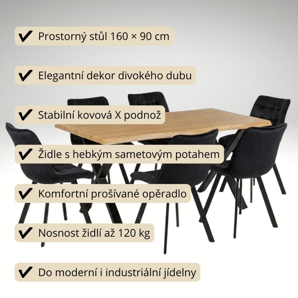 Jídelní set pro 6 osob 160x90 cm dub noha X černá židle VJS236-6C-S