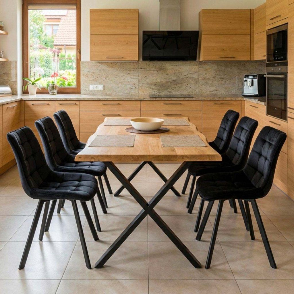 Jídelní set pro 6 osob 180x90 cm soft dub noha X černá židle VJS238-6C-S