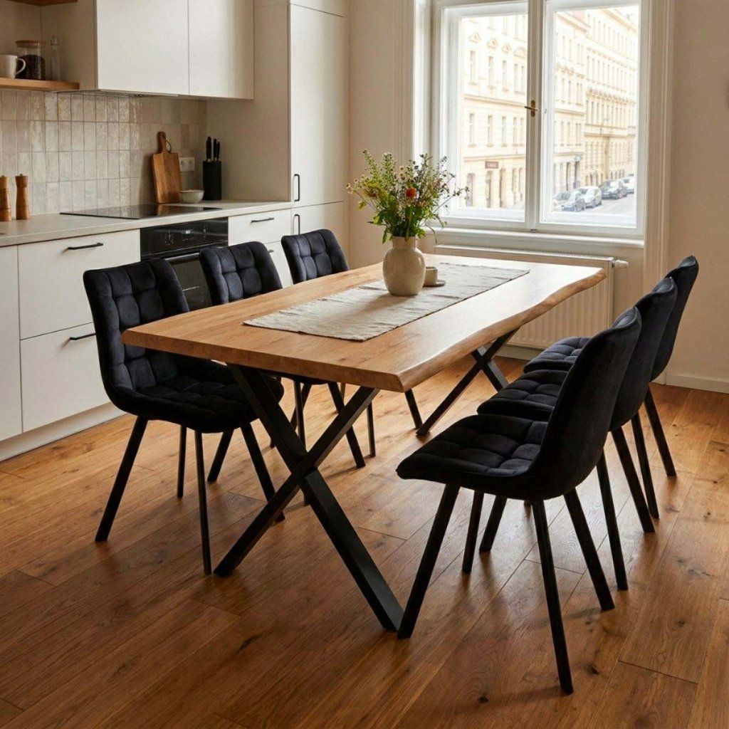 Jídelní set pro 6 osob 180x90 cm soft dub noha X černá židle VJS238-6C-S