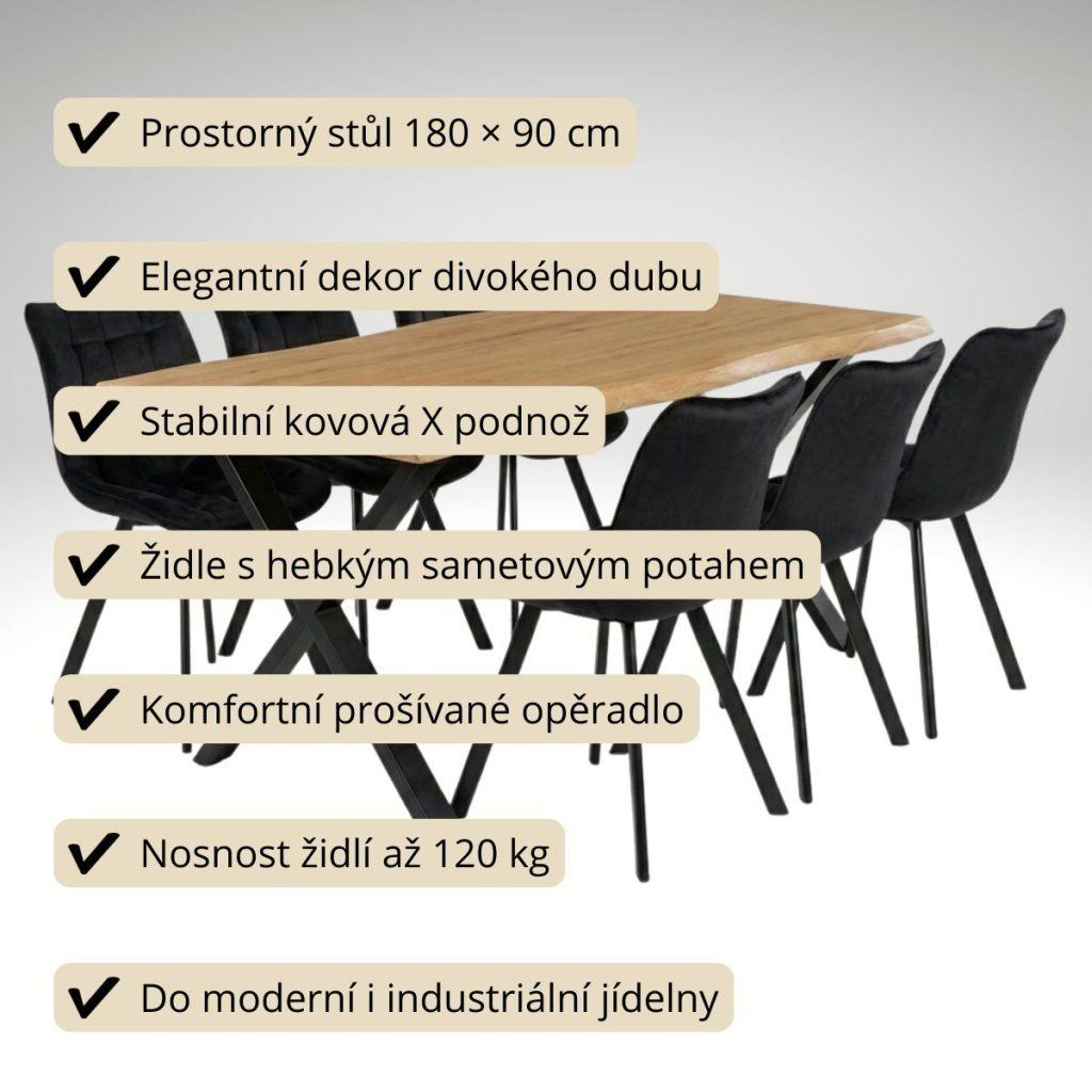 Jídelní set pro 6 osob 180x90 cm soft dub noha X černá židle VJS238-6C-S