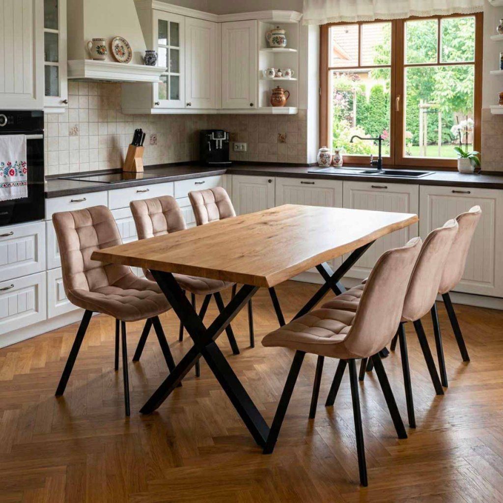 Jídelní set pro 6 osob 180x90 cm soft dub noha X béžová židle VJS238-6BE-S