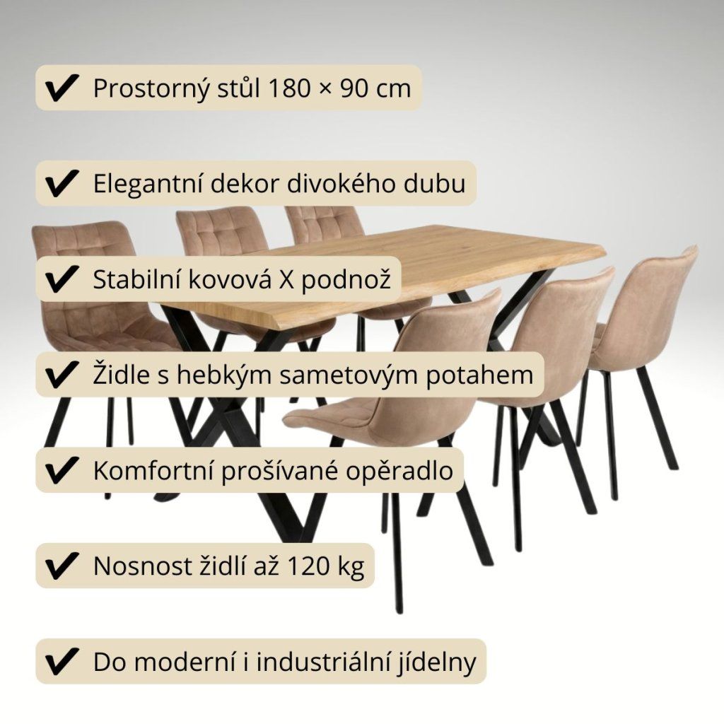 Jídelní set pro 6 osob 180x90 cm soft dub noha X béžová židle VJS238-6BE-S