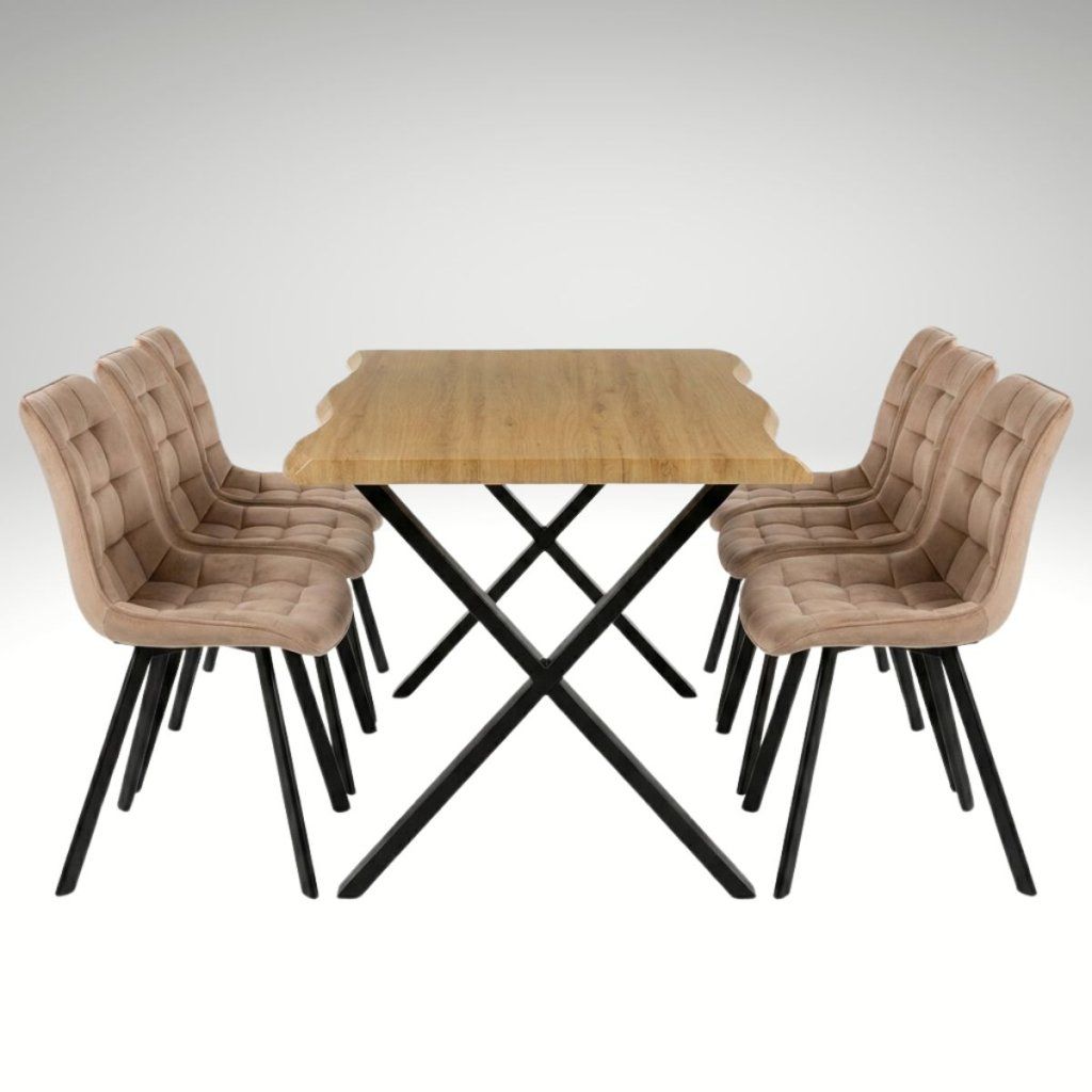 Jídelní set pro 6 osob 180x90 cm soft dub noha X béžová židle VJS238-6BE-S