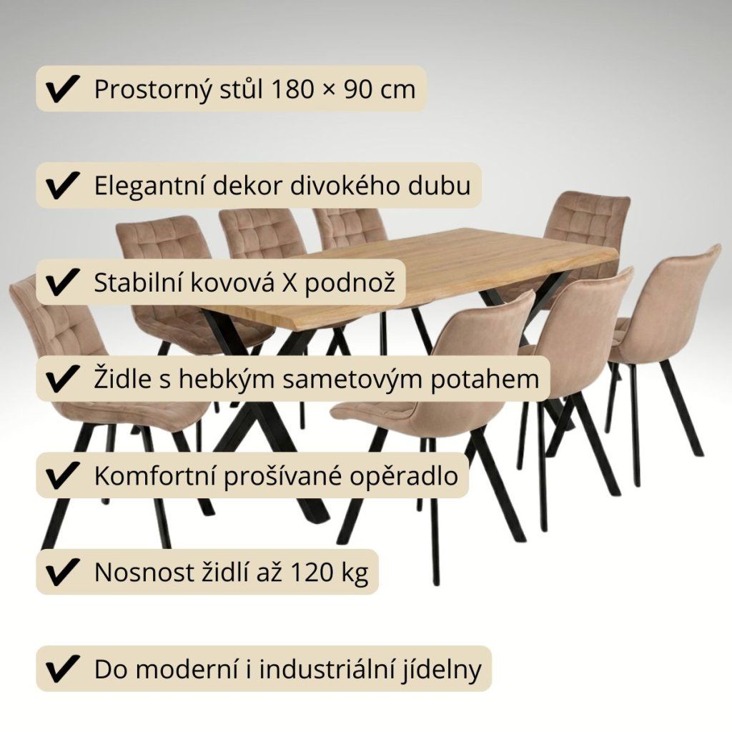 Jídelní set pro 8 osob 180x90 cm soft dub noha X béžová židle VJS238-8BE-S
