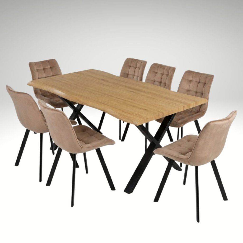 Jídelní set pro 8 osob 180x90 cm soft dub noha X béžová židle VJS238-8BE-S