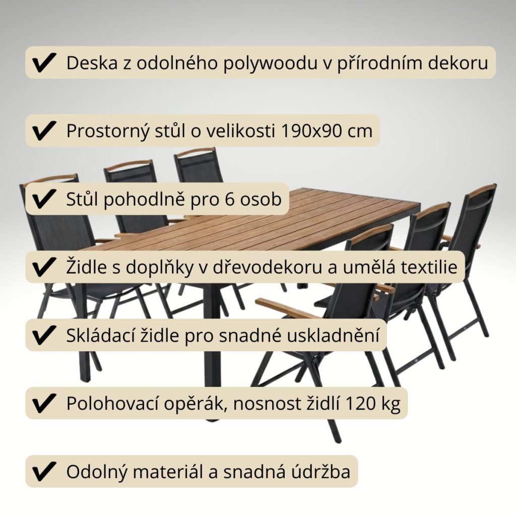 Zahradní jídelní set 190x90 pro 6 osob přírodní AZS157-6P2