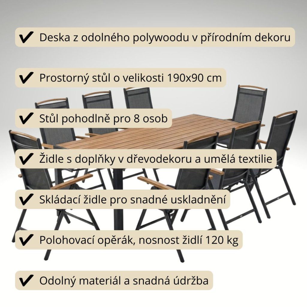 Zahradní jídelní set 190x90 pro 8 osob přírodní AZS157-8P2