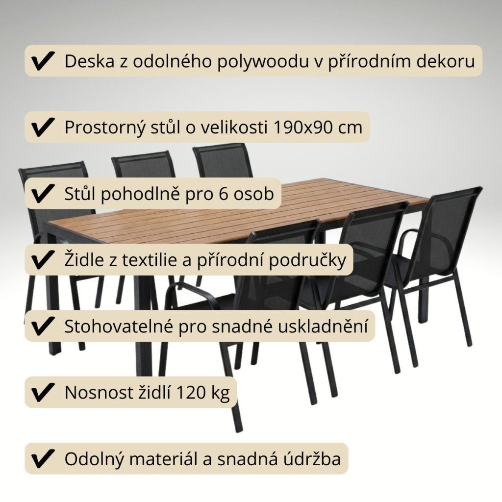 Venkovní zahradní set 190x90 pro 6 osob přírodní DK303-190P2