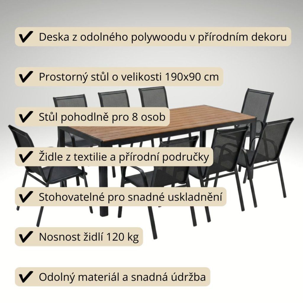 Venkovní zahradní set 190x90 pro 8 osob přírodní DK305-190P2
