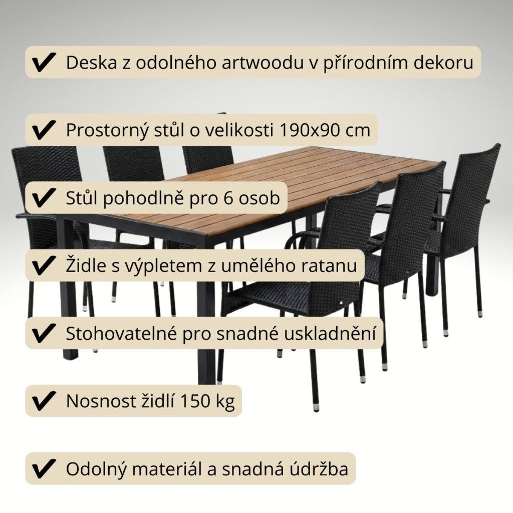 Zahradní set 190x90 pro 6 osob přírodní DT254-190P2