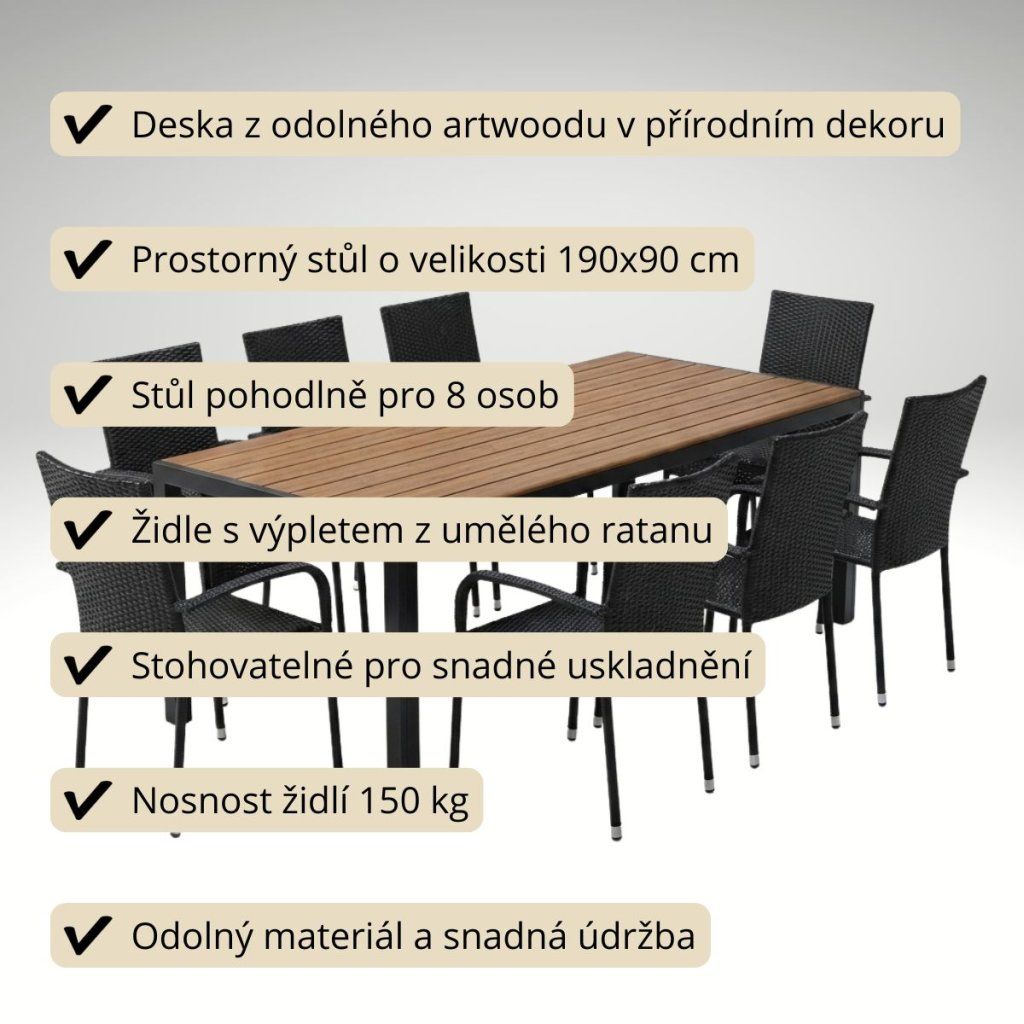 Zahradní set 190x90 pro 8 osob přírodní DT278-190P2