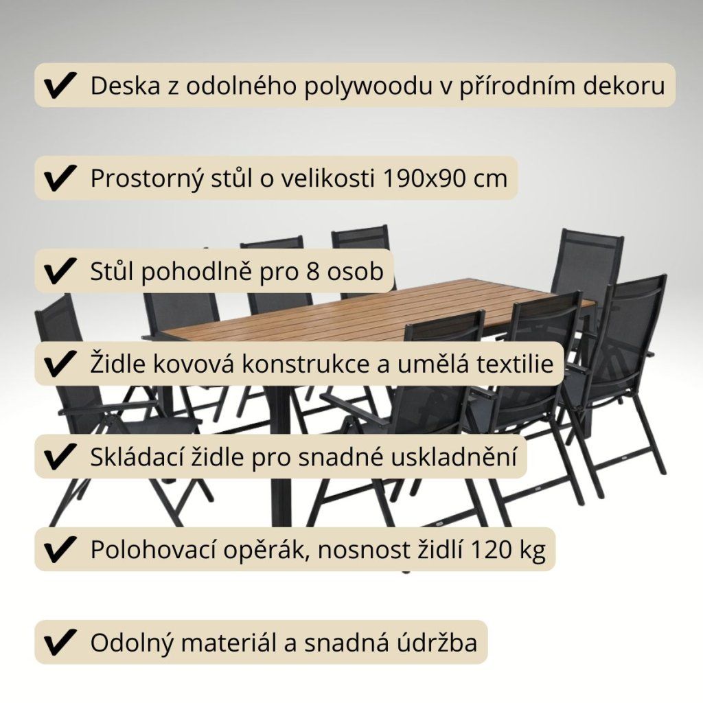 Zahradní set 190x90 pro 8 osob přírodní V138-190P