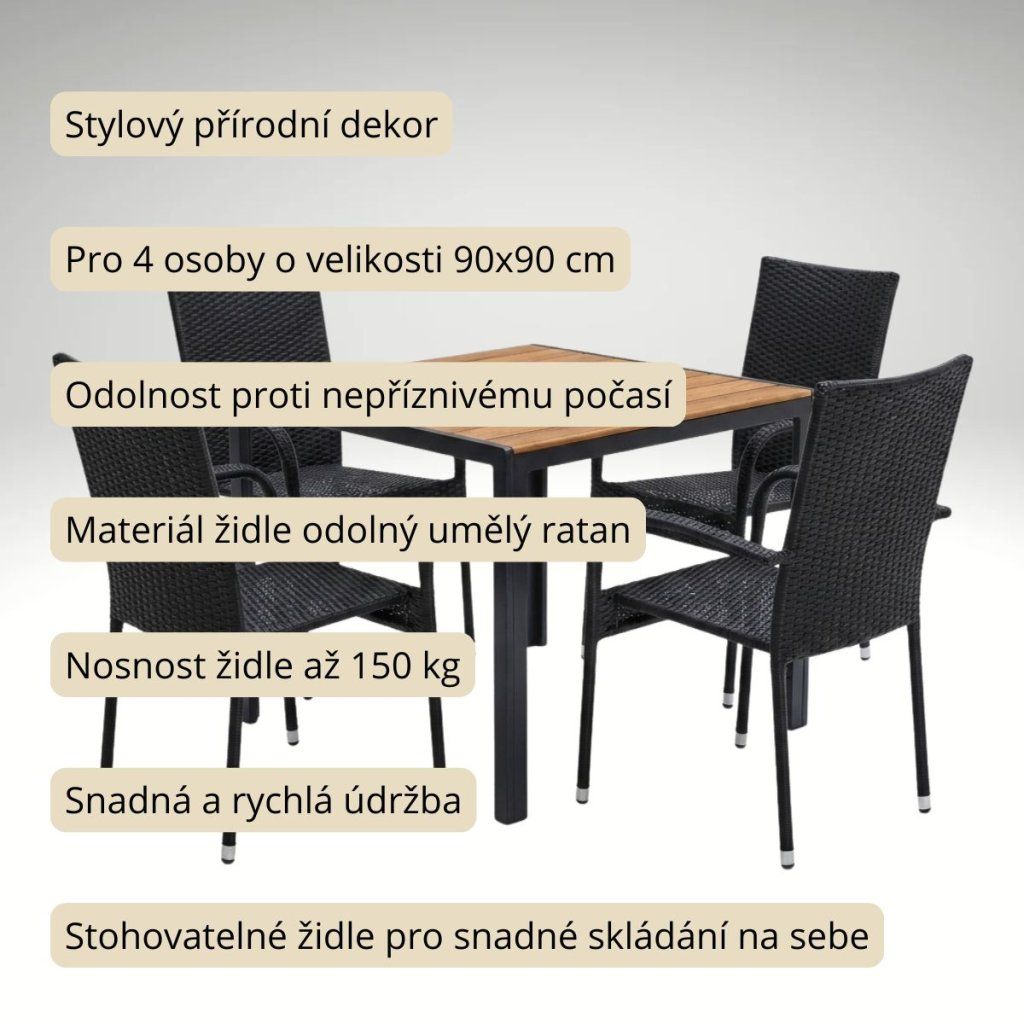 Zahradní ratanový set 90x90 pro 4 osoby přírodní DT280P