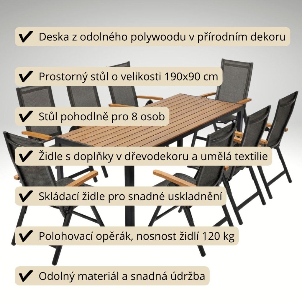 Zahradní jídelní set 190x90 pro 8 osob přírodní VZS211P8