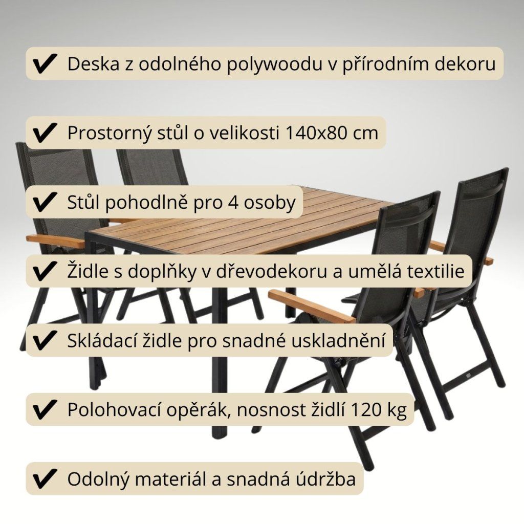 Zahradní jídelní set 140x80 pro 4 osoby přírodní VZS210P4