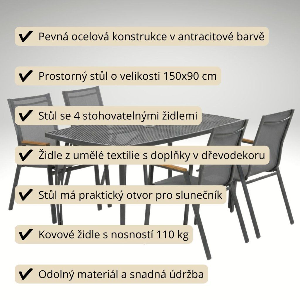 Zahradní jídelní kovový set pro 4 osoby V124T antracit