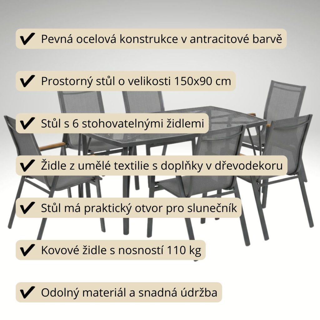 Zahradní jídelní kovový set pro 6 osob V126T antracit