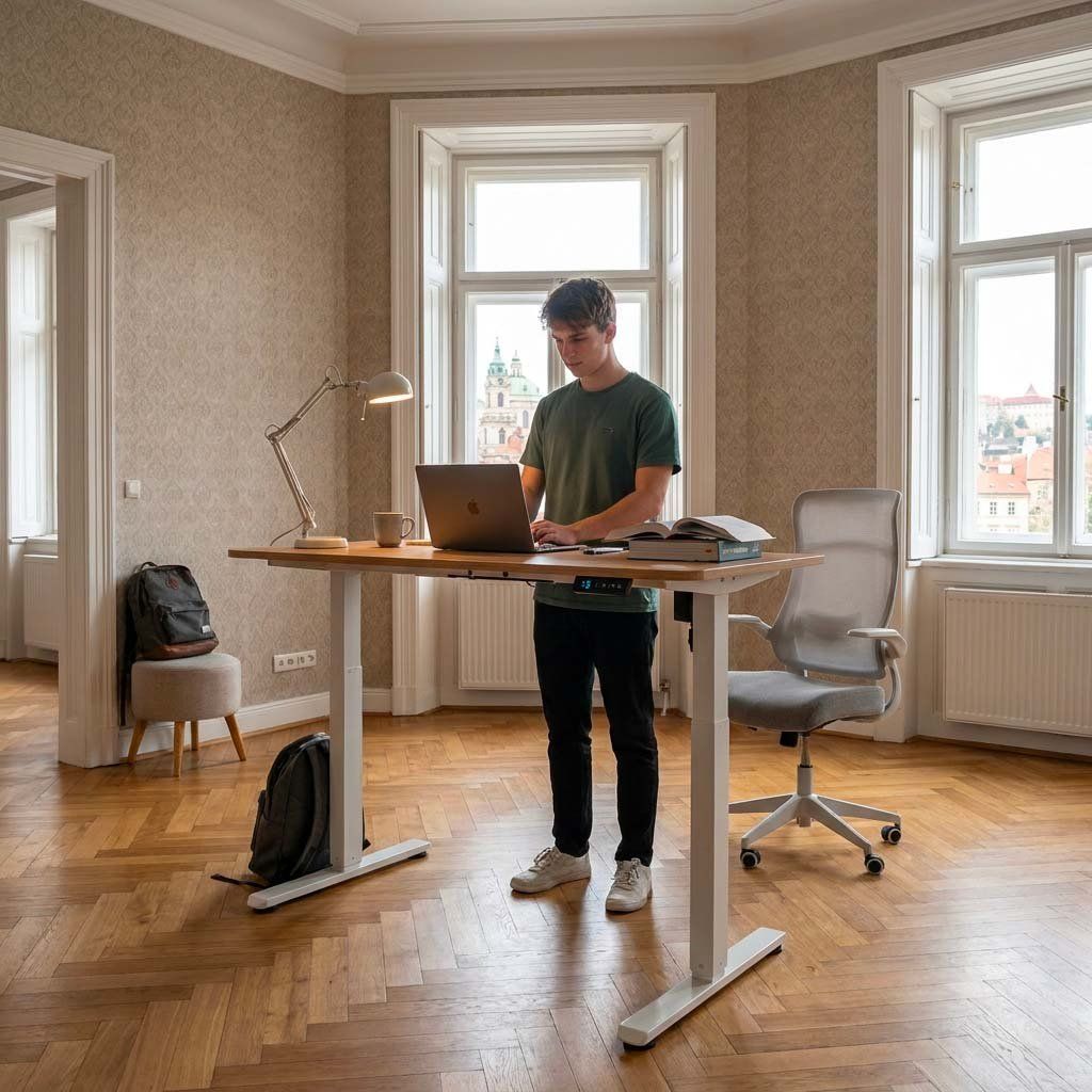 Pracovní set elektricky výškově nastavitelný stůl 120 × 60 cm dub, šedá kancelářská židle VPS106D-134S