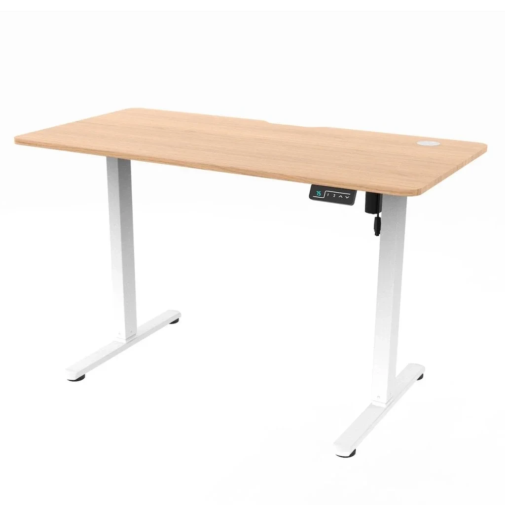 Pracovní set elektricky výškově nastavitelný stůl 120 × 60 cm dub, šedá kancelářská židle VPS106D-134S