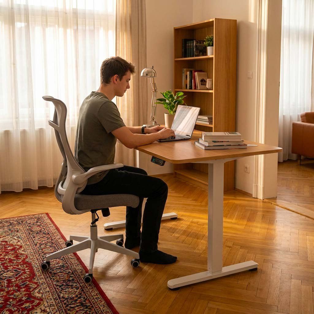 Pracovní set elektricky výškově nastavitelný stůl 120 × 60 cm dub, šedá kancelářská židle VPS106D-134S