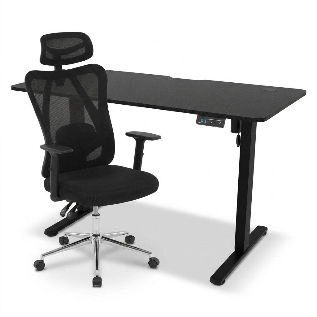 Pracovní set - elektricky výškově nastavitelný stůl 120×60 cm carbon + černá kancelářská židle VPS106C-206C za akční cenu