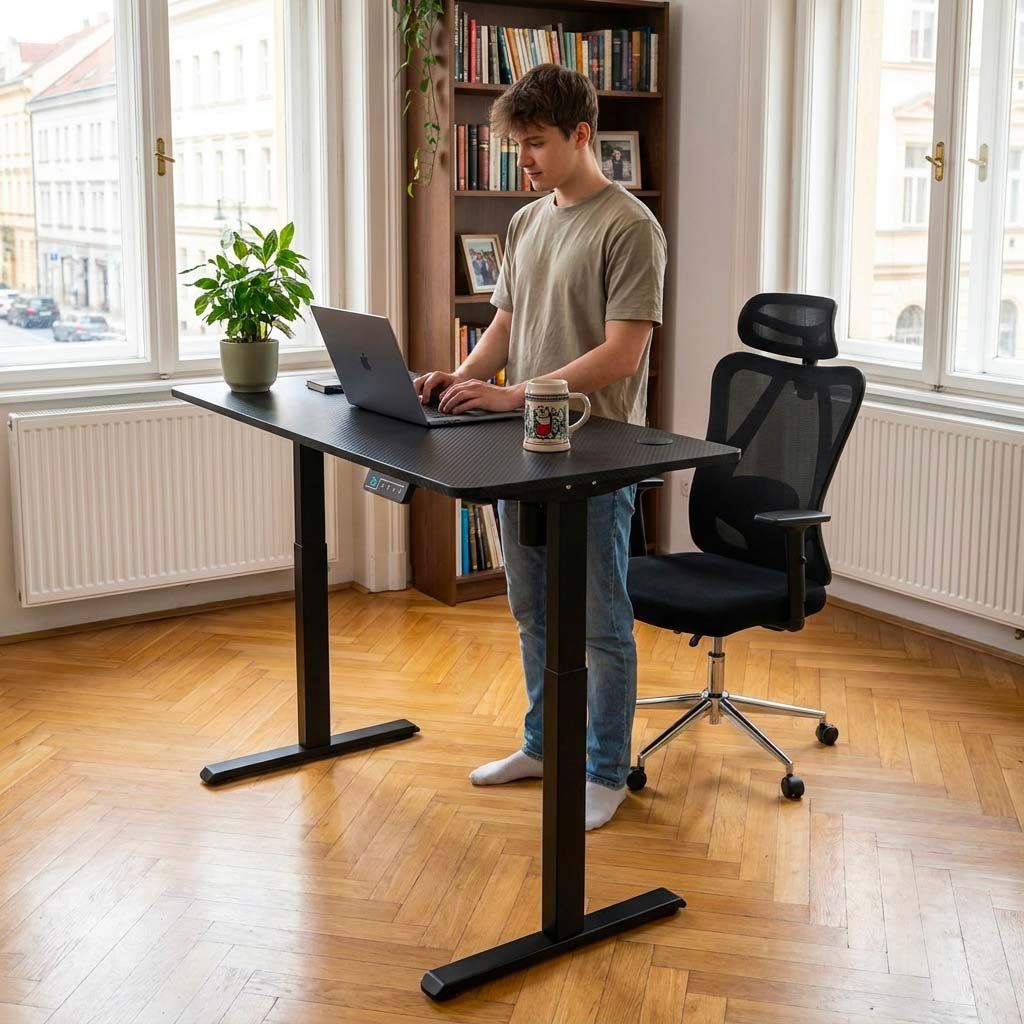 Pracovní set - elektricky výškově nastavitelný stůl 120×60 cm carbon + černá kancelářská židle VPS106C-206C za akční cenu
