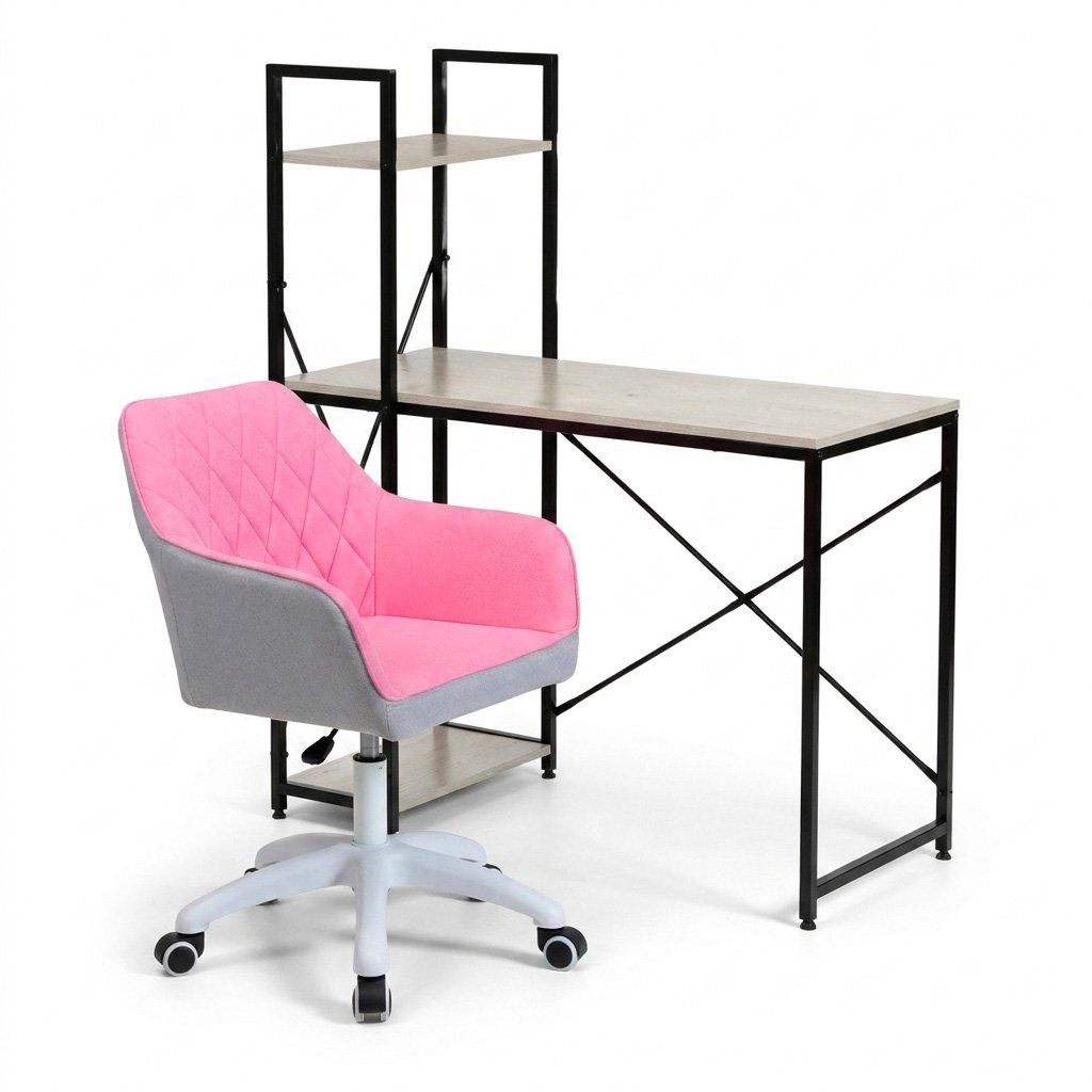 Pracovní set pracovní stůl 100 × 48 cm bělený dub, růžové pracovní křeslo VPS100B-100R