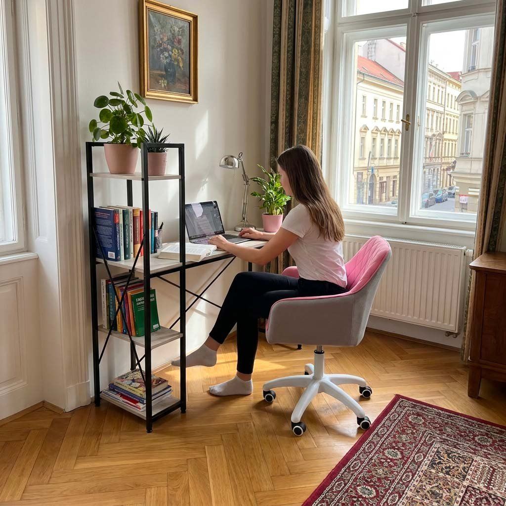 Pracovní set pracovní stůl 100 × 48 cm bělený dub, růžové pracovní křeslo VPS100B-100R