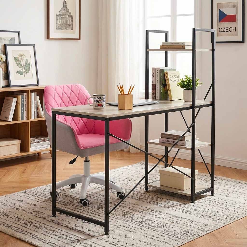 Pracovní set pracovní stůl 100 × 48 cm bělený dub, růžové pracovní křeslo VPS100B-100R
