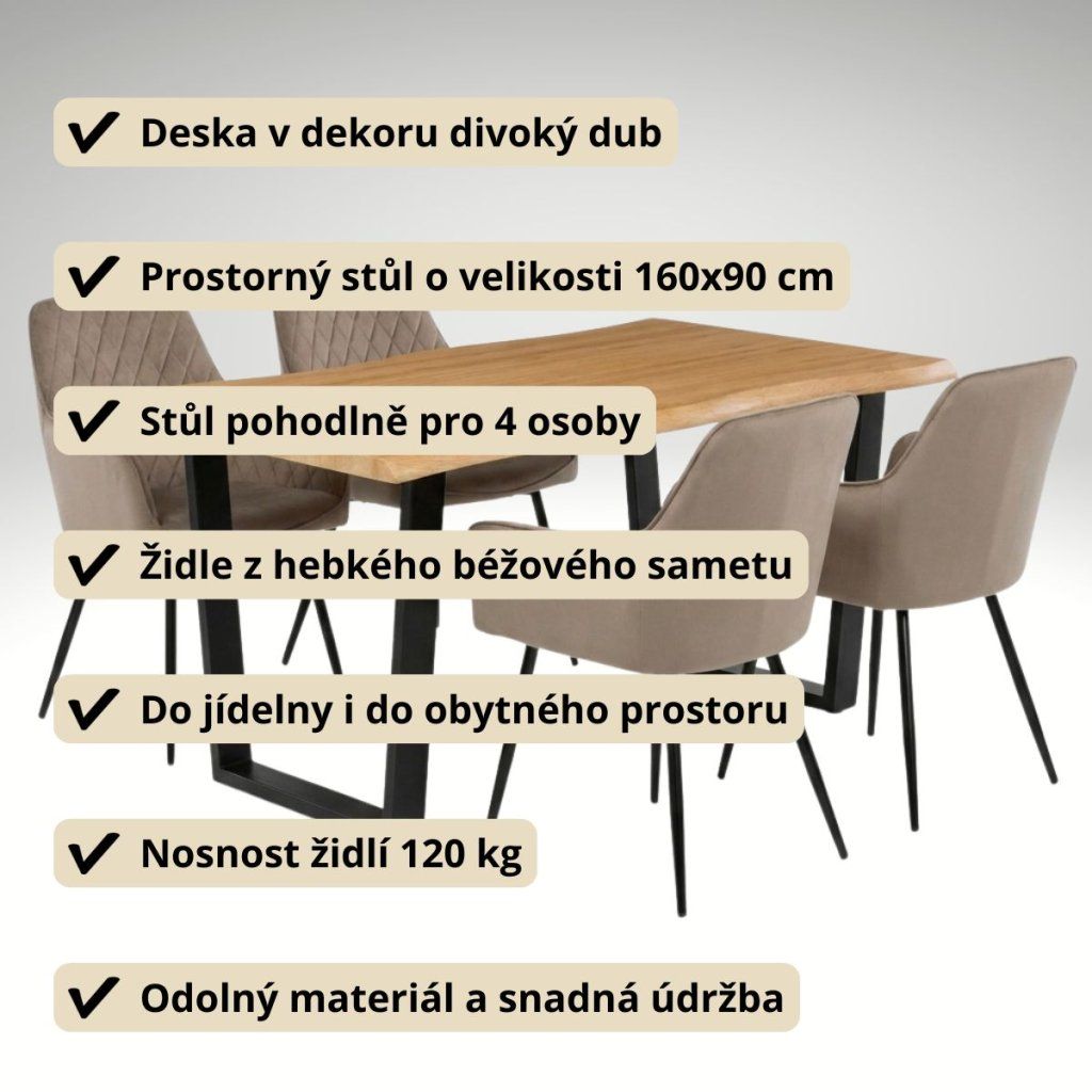 Jídelní set pro 4 osoby 160x90 cm dub noha U béžová židle s područkami VJS166-4CA