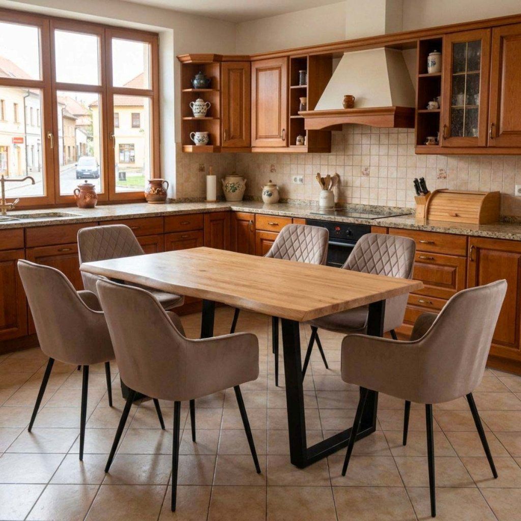 Jídelní set pro 6 osob 160x90 cm dub noha U béžová židle s područkami VJS166-6CA