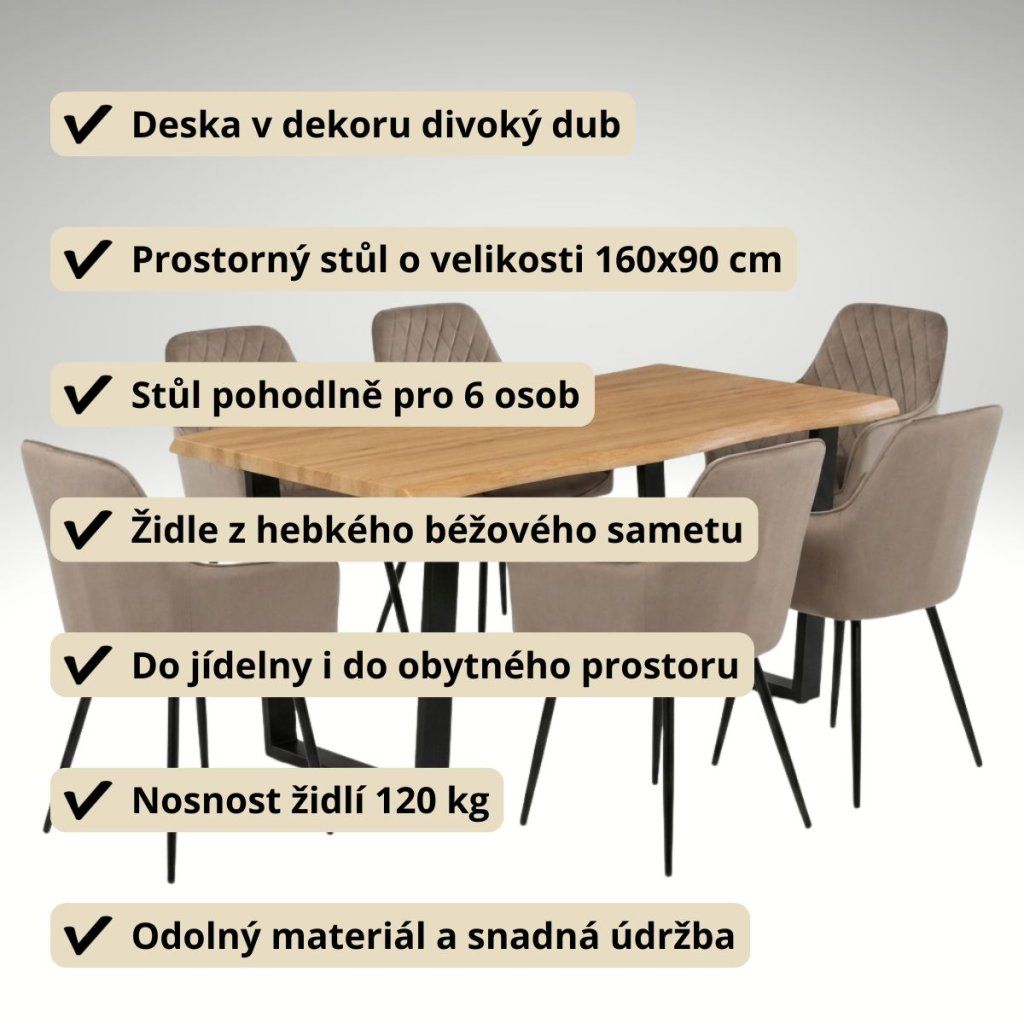 Jídelní set pro 6 osob 160x90 cm dub noha U béžová židle s područkami VJS166-6CA
