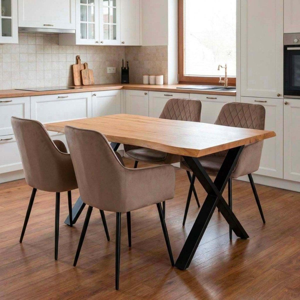 Jídelní set pro 4 osoby 160x90 cm soft dub noha X béžová židle s područkami VJS226-4CA